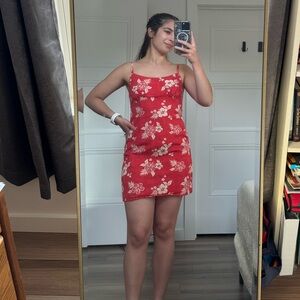 Red Floral Summer Cut Out Back Mini Dress